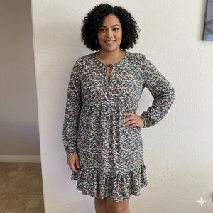 J. Crew Colorful Floral Long Sleeve Dress Key-Hole Neck and Ruffle Hem Size XXL